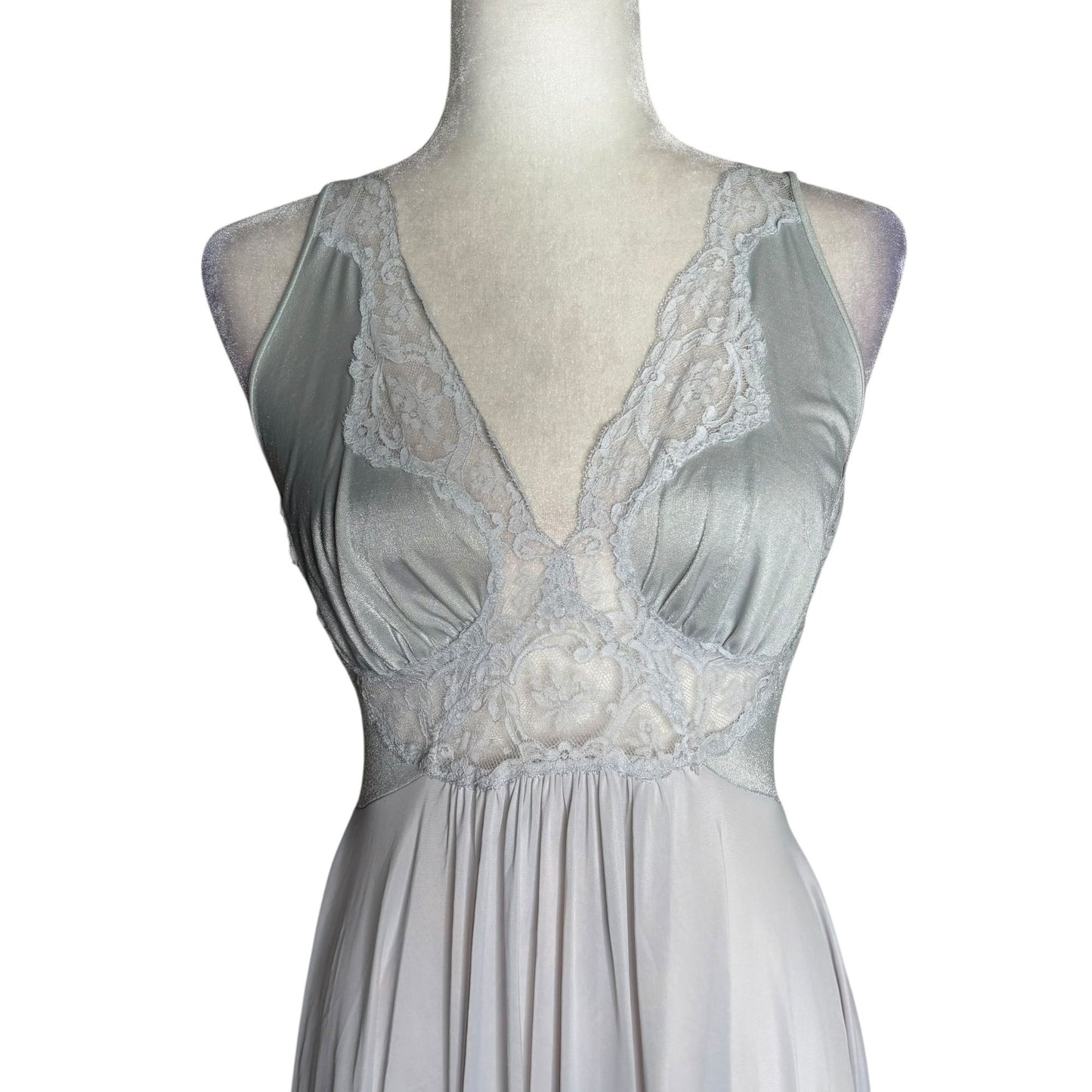 Vintage 70s Olga Nylon Maxi Nightgown Size Large Grey Lace Bodice Style 9296