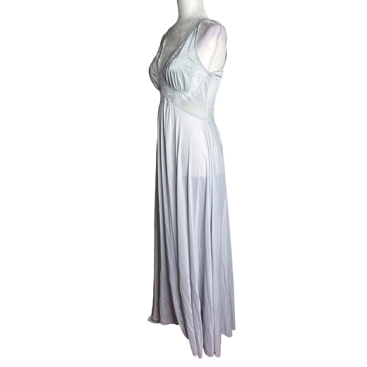 Vintage 70s Olga Nylon Maxi Nightgown Size Large Grey Lace Bodice Style 9296