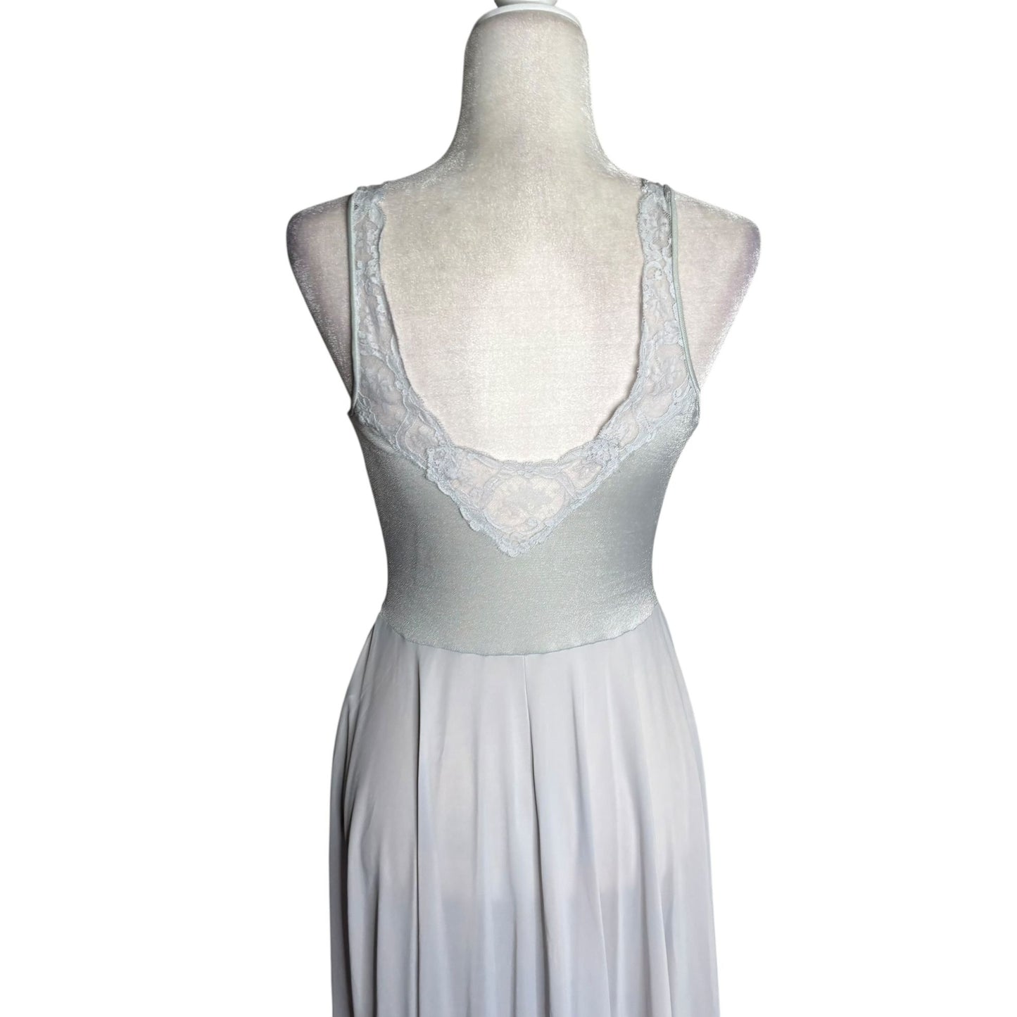 Vintage 70s Olga Nylon Maxi Nightgown Size Large Grey Lace Bodice Style 9296