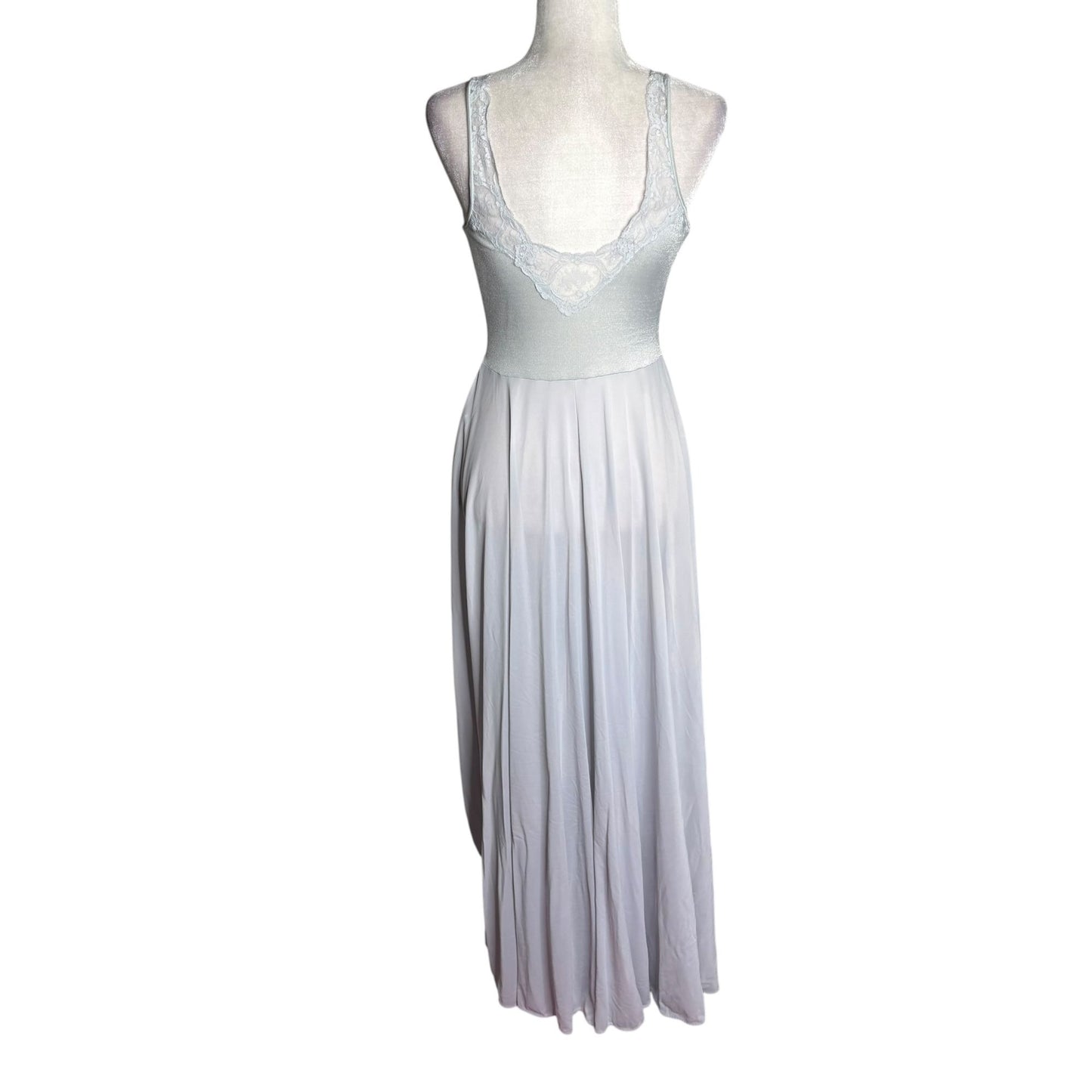 Vintage 70s Olga Nylon Maxi Nightgown Size Large Grey Lace Bodice Style 9296