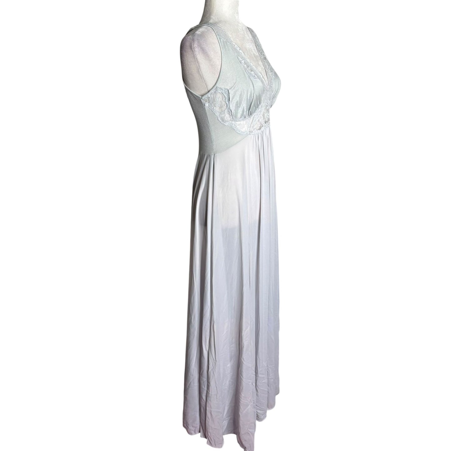 Vintage 70s Olga Nylon Maxi Nightgown Size Large Grey Lace Bodice Style 9296