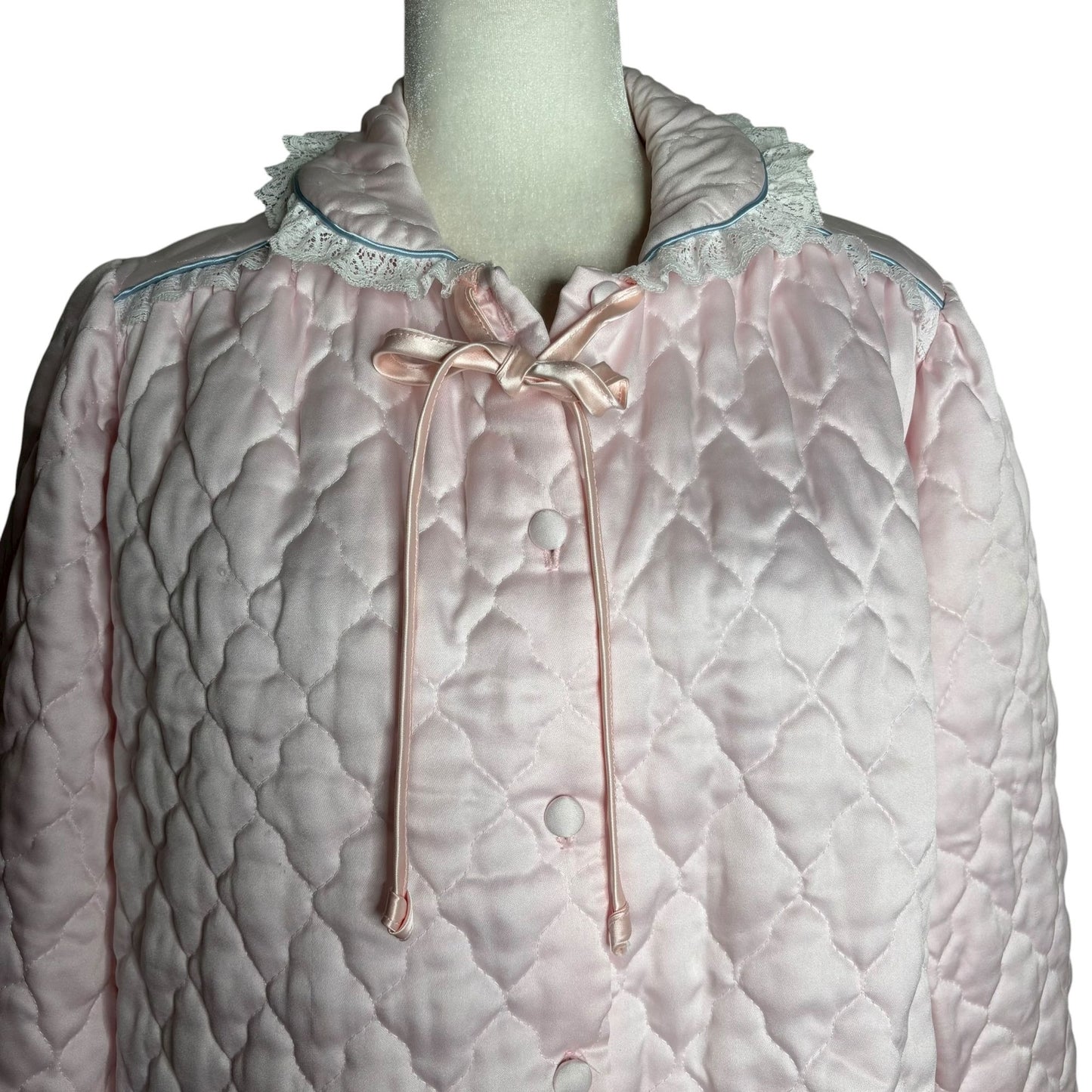 Vintage 80s Appel Quilted Bed Jacket Large Light Pink Lace Polyester Buttons