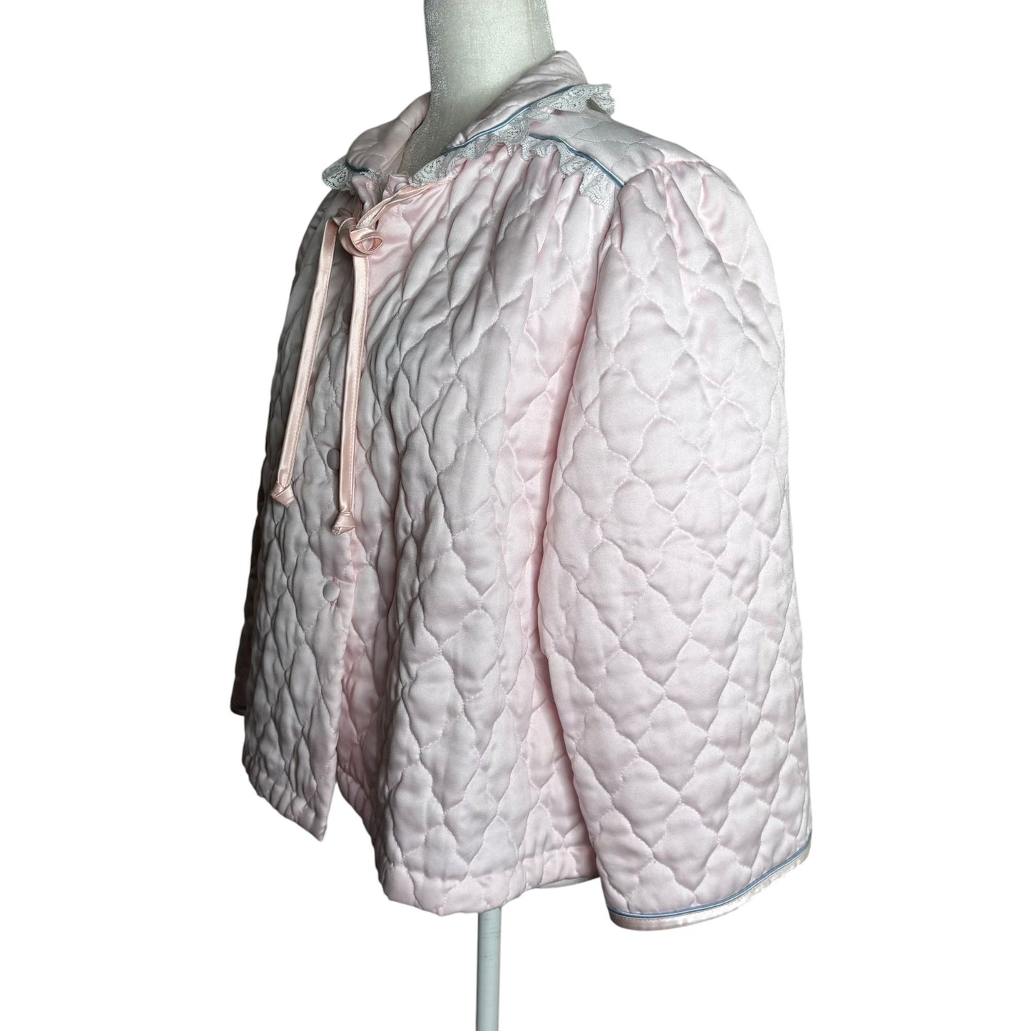 Vintage 80s Appel Quilted Bed Jacket Large Light Pink Lace Polyester Buttons