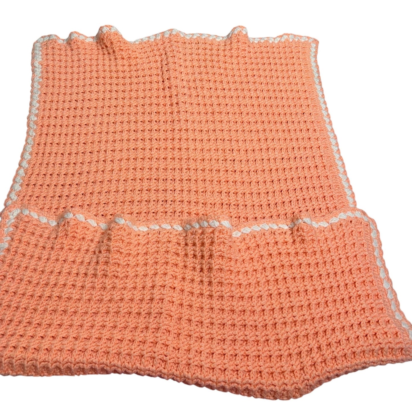 Handmade Peach Crochet Baby Blanket Throw 50 x 34 White Trim