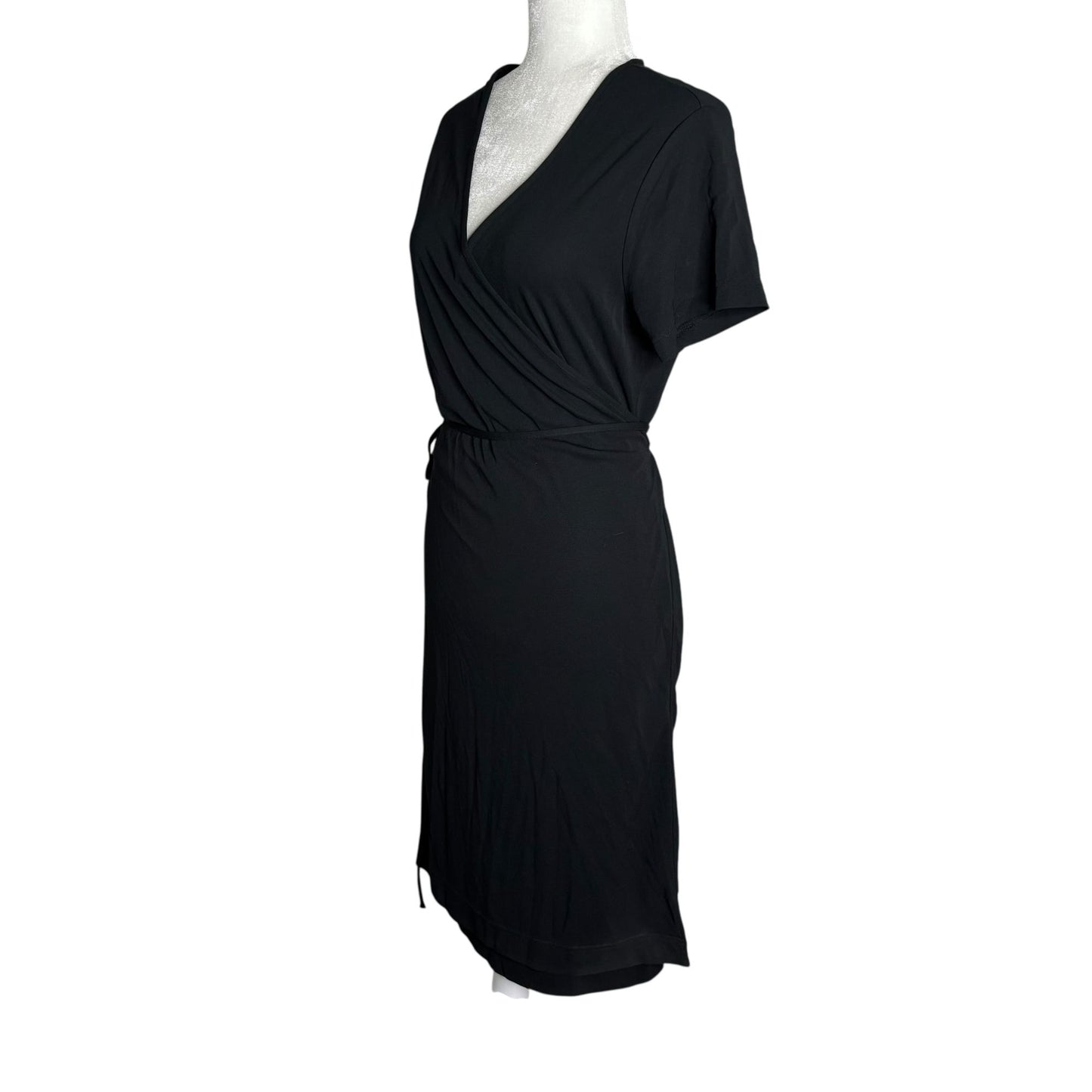 Gap Factory Full Wrap Dress Large Black Short Sleeve Tie Waist Rayon Stretch