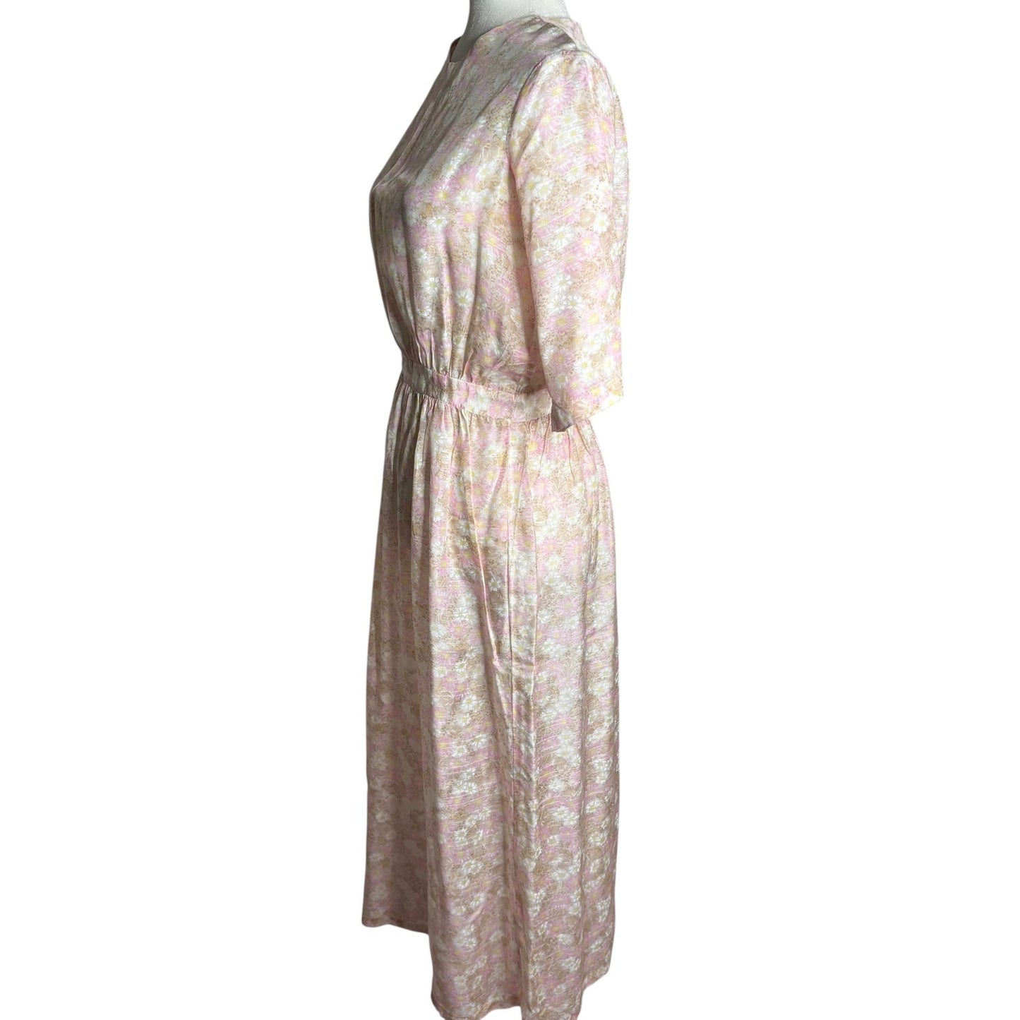 Vintage 50s Sheer Floral Day Dress Small Beige Pink Metal Zipper Short Sleeves