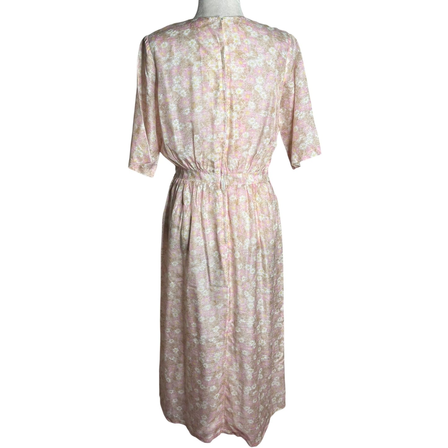 Vintage 50s Sheer Floral Day Dress Small Beige Pink Metal Zipper Short Sleeves