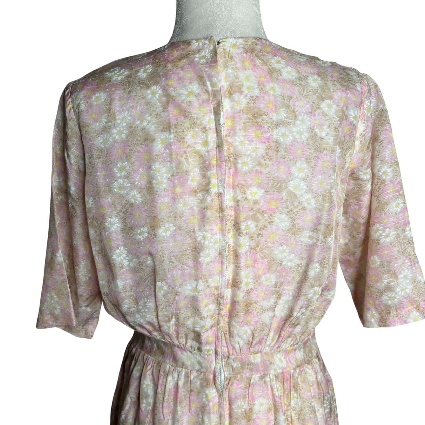 Vintage 50s Sheer Floral Day Dress Small Beige Pink Metal Zipper Short Sleeves