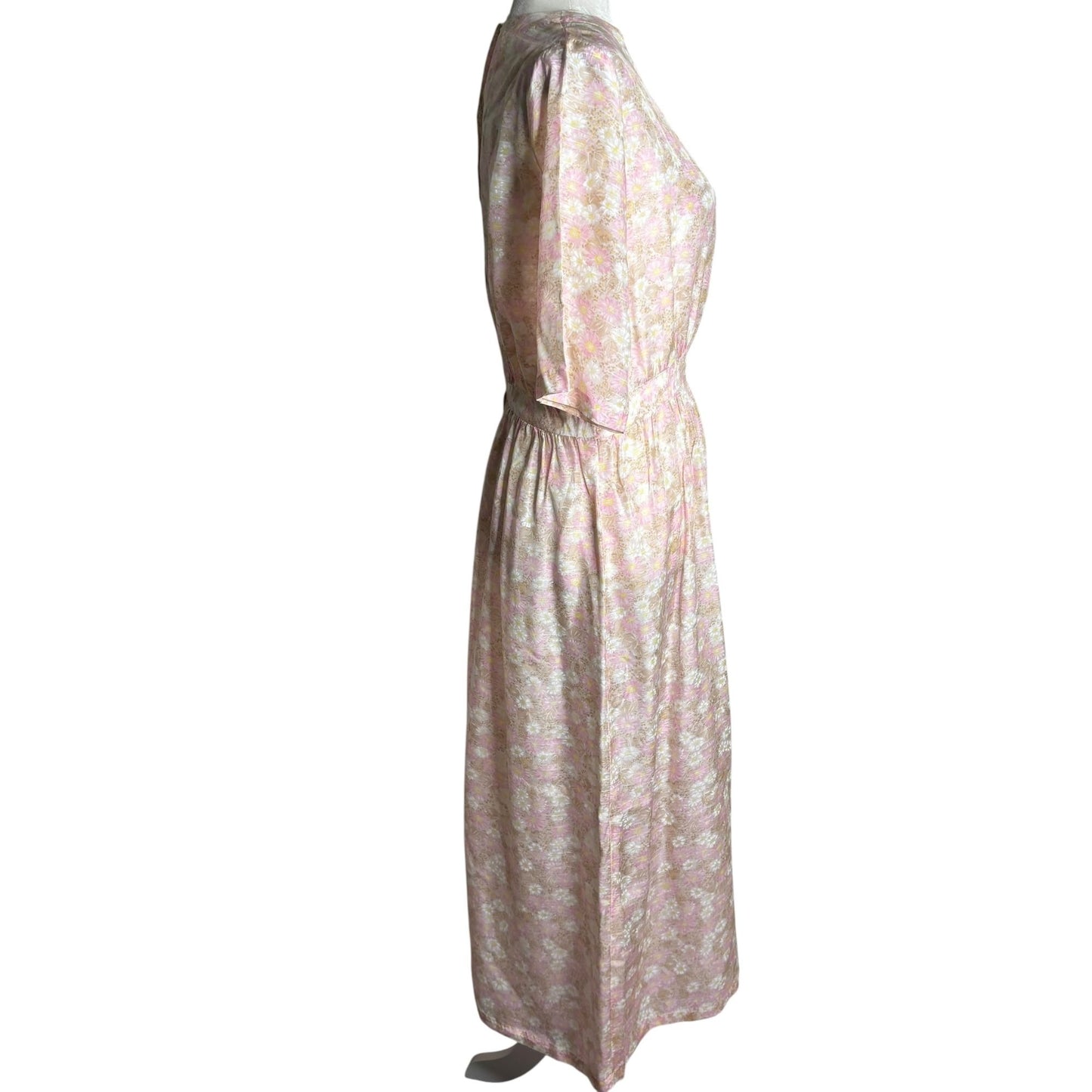 Vintage 50s Sheer Floral Day Dress Small Beige Pink Metal Zipper Short Sleeves