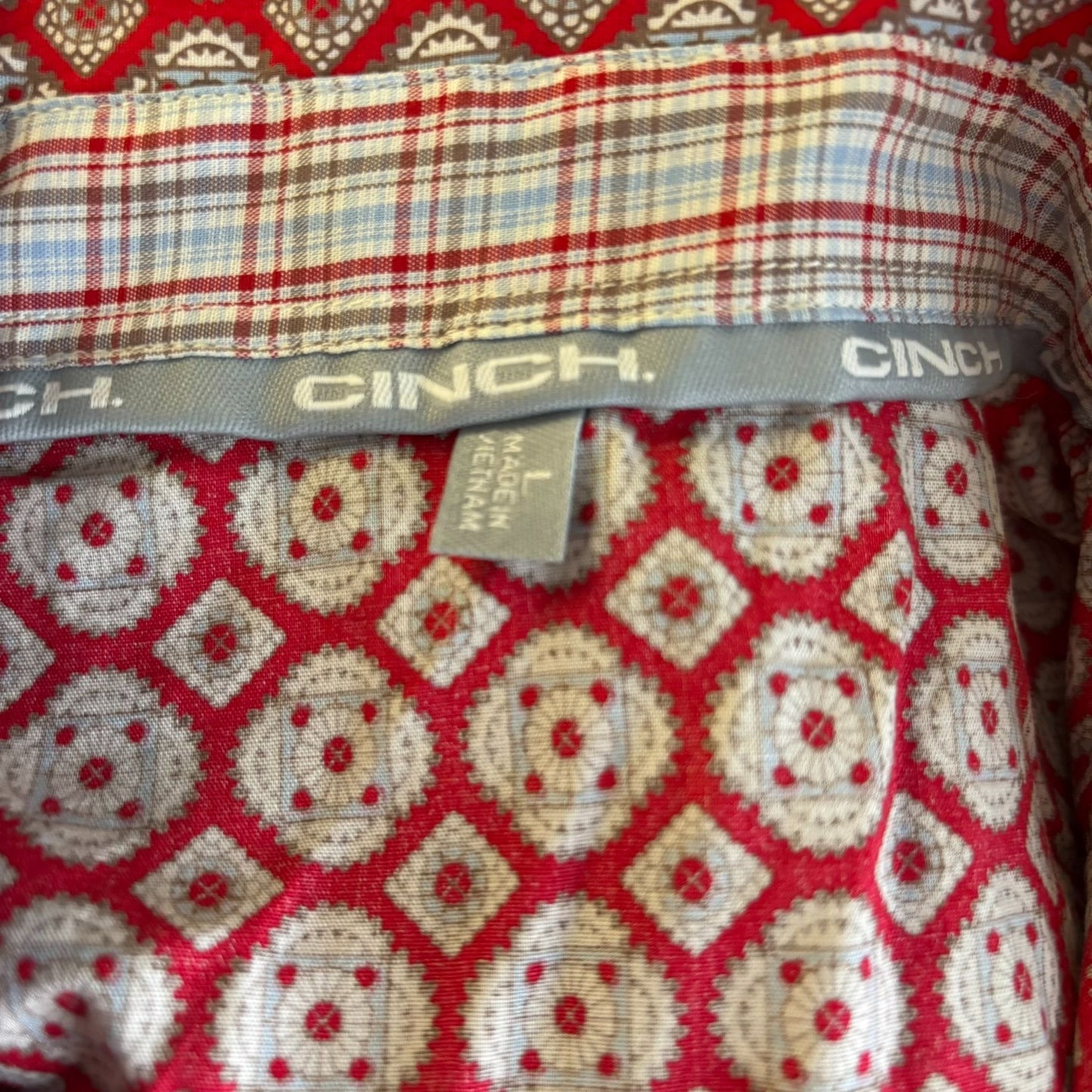 Cinch Button Up Long Sleeve Shirt Medium Red White Geometric Cotton Pocket