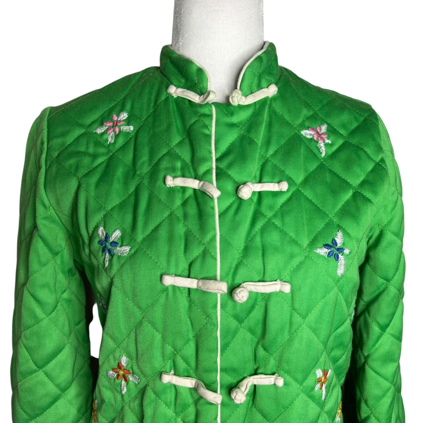 Vintage 70s Alfred Shaheen Quilted Asian Coat Small Green Frog Button Bell Sleeve