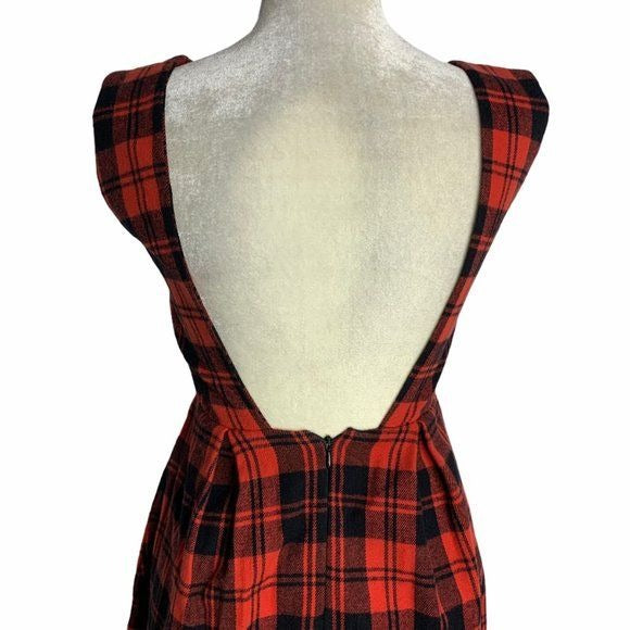 Nana For You Pinafore Wool Midi Dress S Red Plaid Open Back Zip Sleeveless