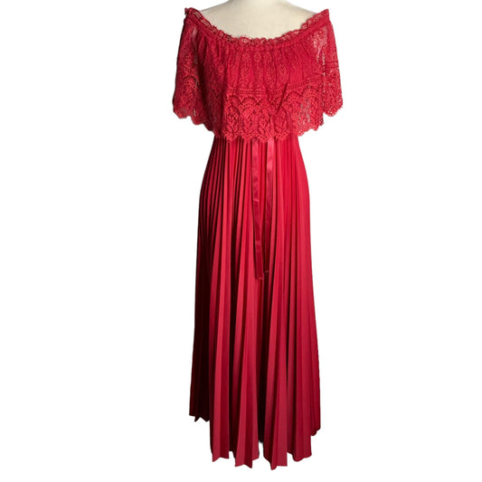 Vintage 70s Off the Shoulder Maxi Dress S Dark Pink Pleated Crochet Lace Belt