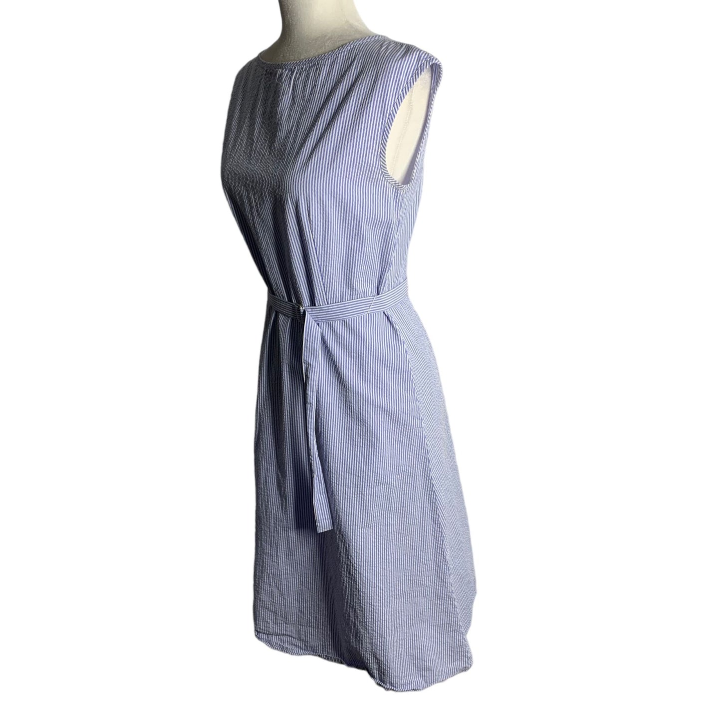 Uniqlo Sleeveless Belted Swing Dress S Blue White Striped Pockets Back Zip