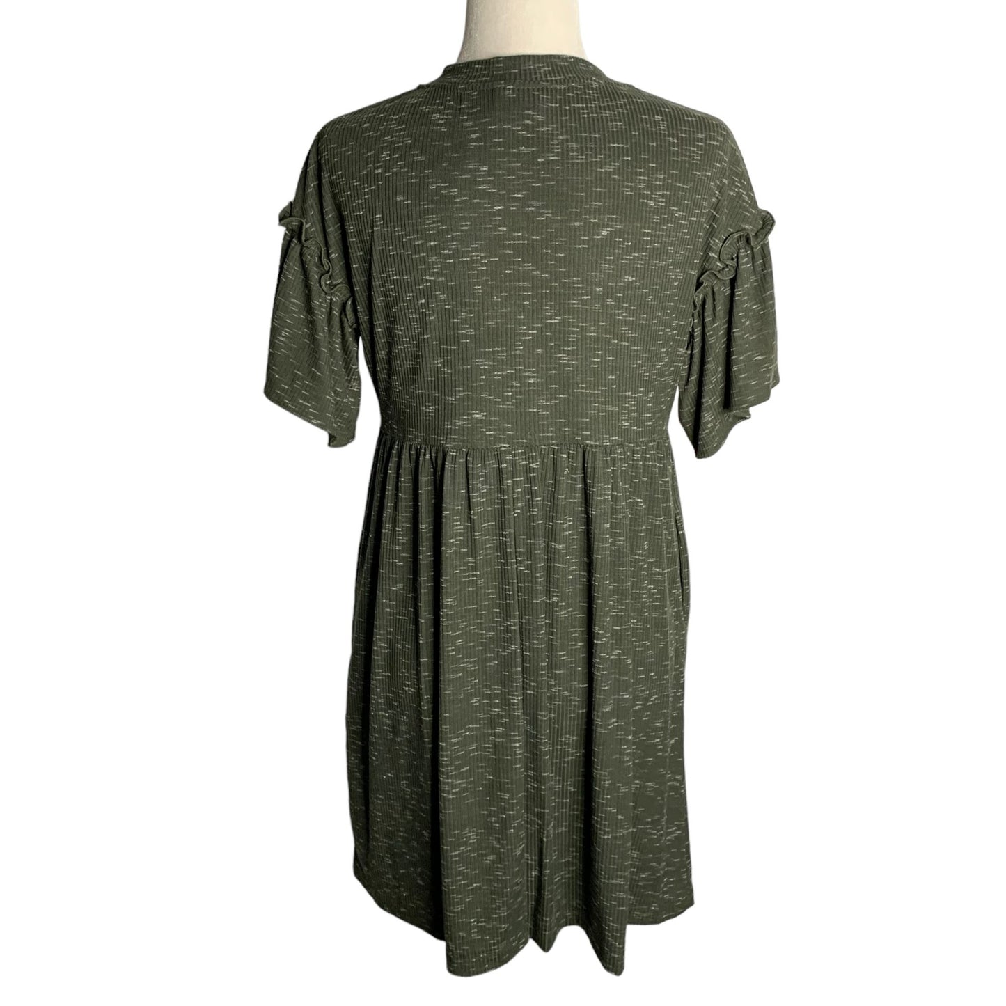 Violet Weekend Ribbed Knit T Shirt Dress S Green Flutter Sleeve Pockets Buttons