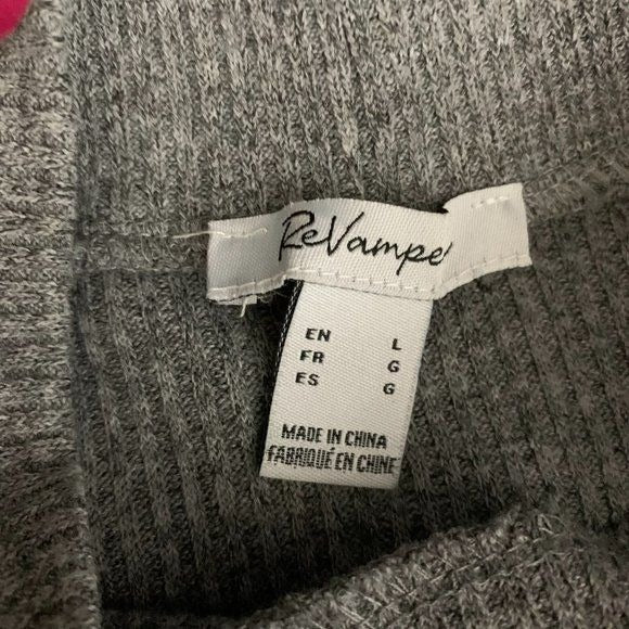 ReVamped Ribbed Knit Mock Neck Cropped Top Large Grey Long Sleeve Pullover