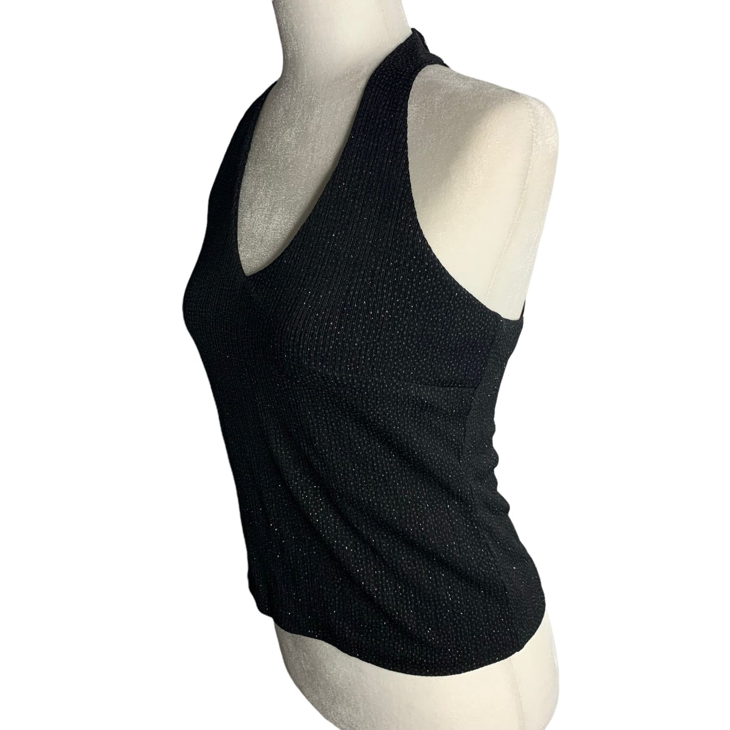 Vintage Y2K Xscape Cropped Halter Top S Black Metallic Button Neck Lined