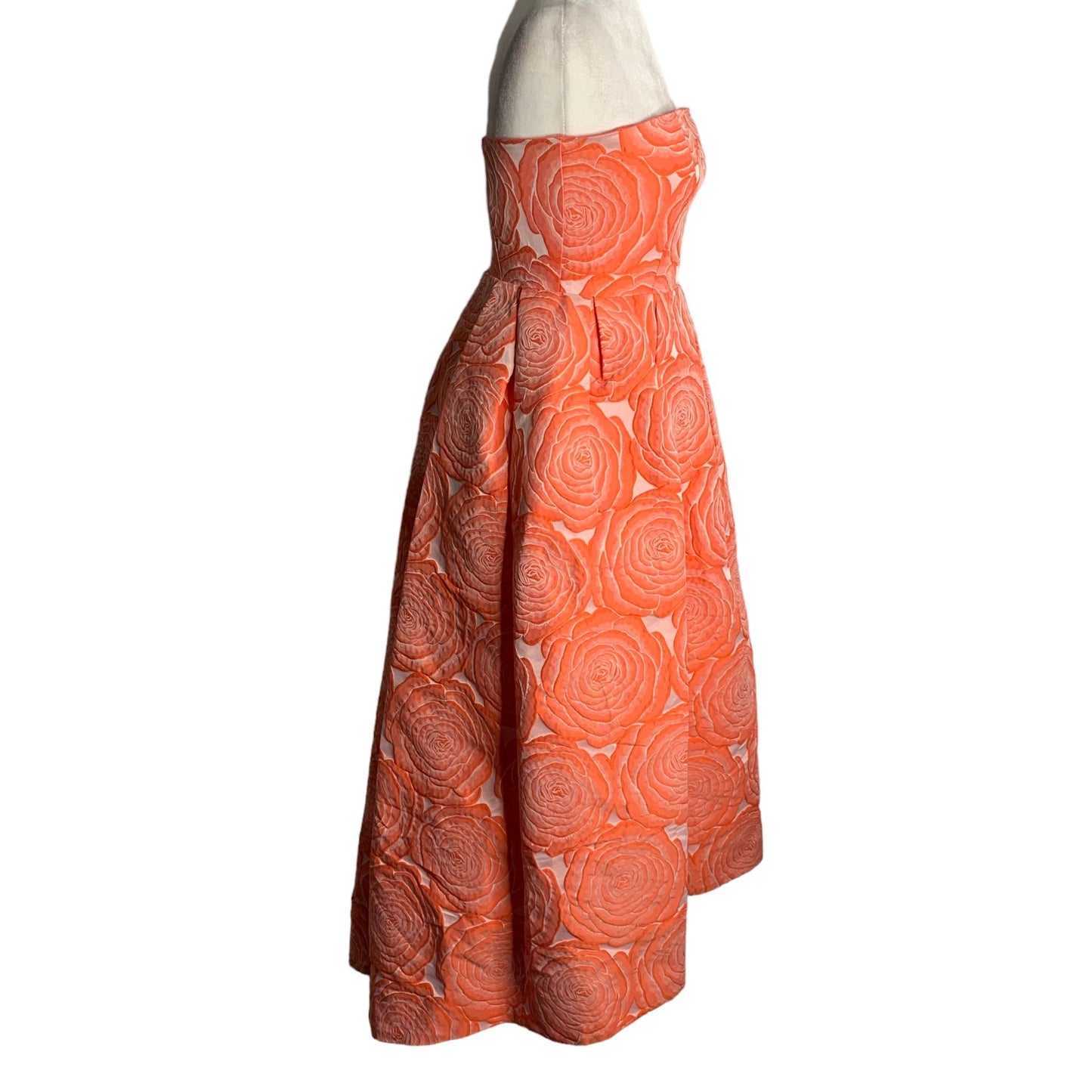 Rubber Ducky Floral Rose Ball Gown M Coral Orange Strapless High Low Zipper