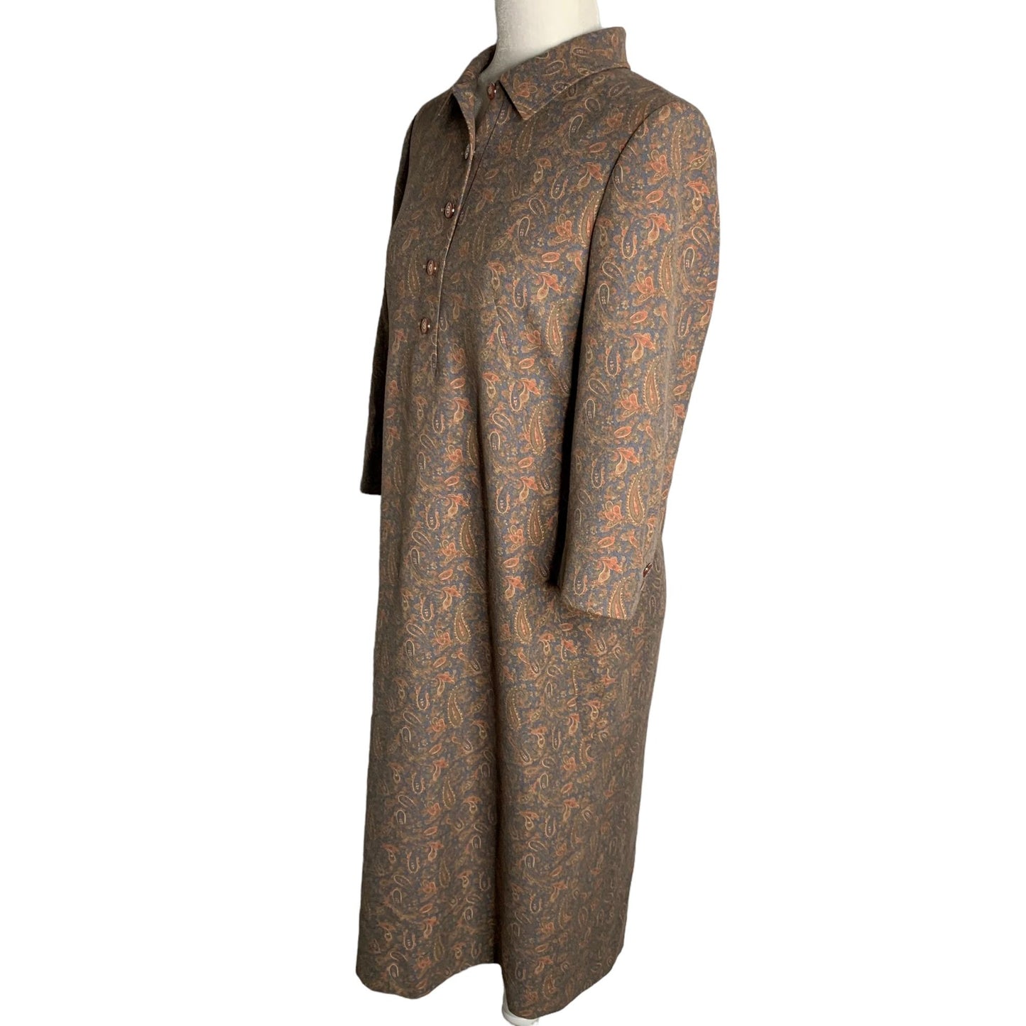 LA Sposaii Korean Retro Shift Dress M Blue Paisley Long Sleeve Button Collar Zip