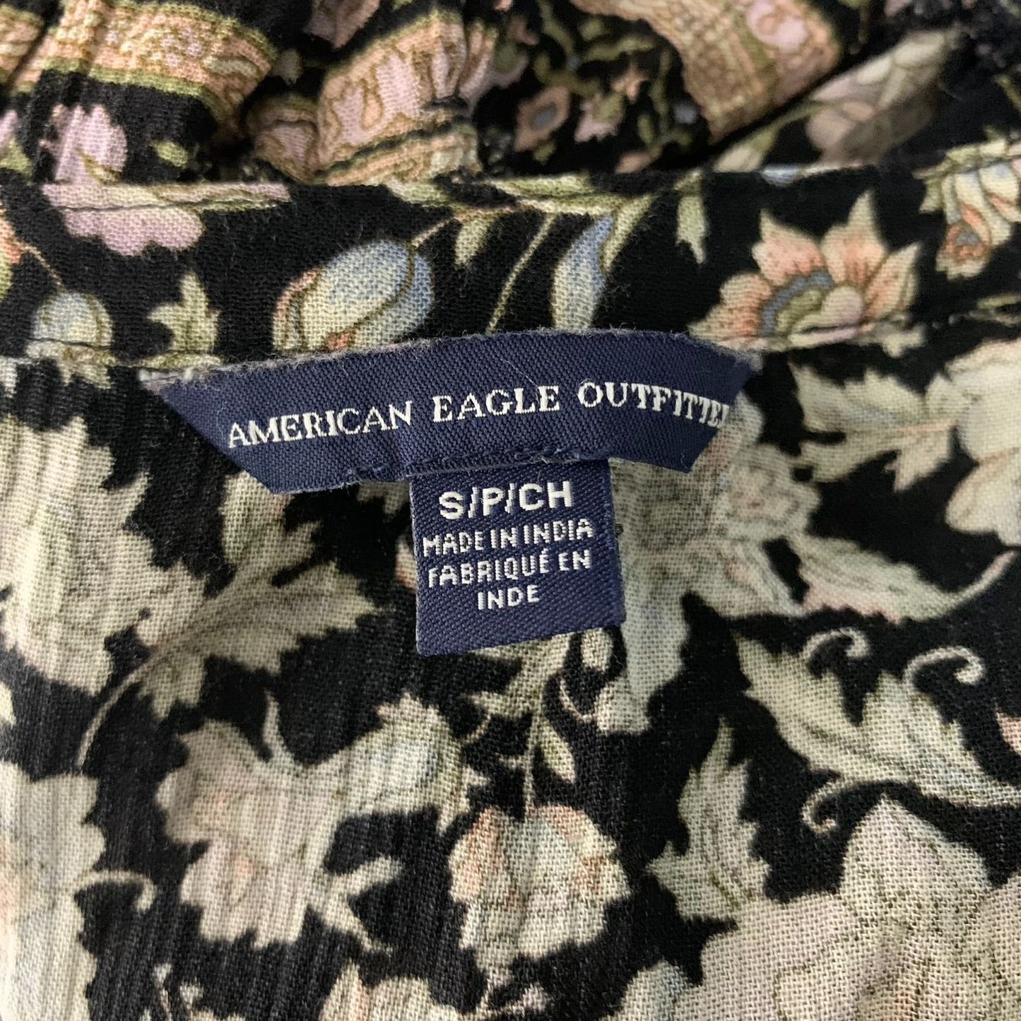 American Eagle Boho Tunic Top S Black Floral Bell Sleeves Criss Cross V Neck