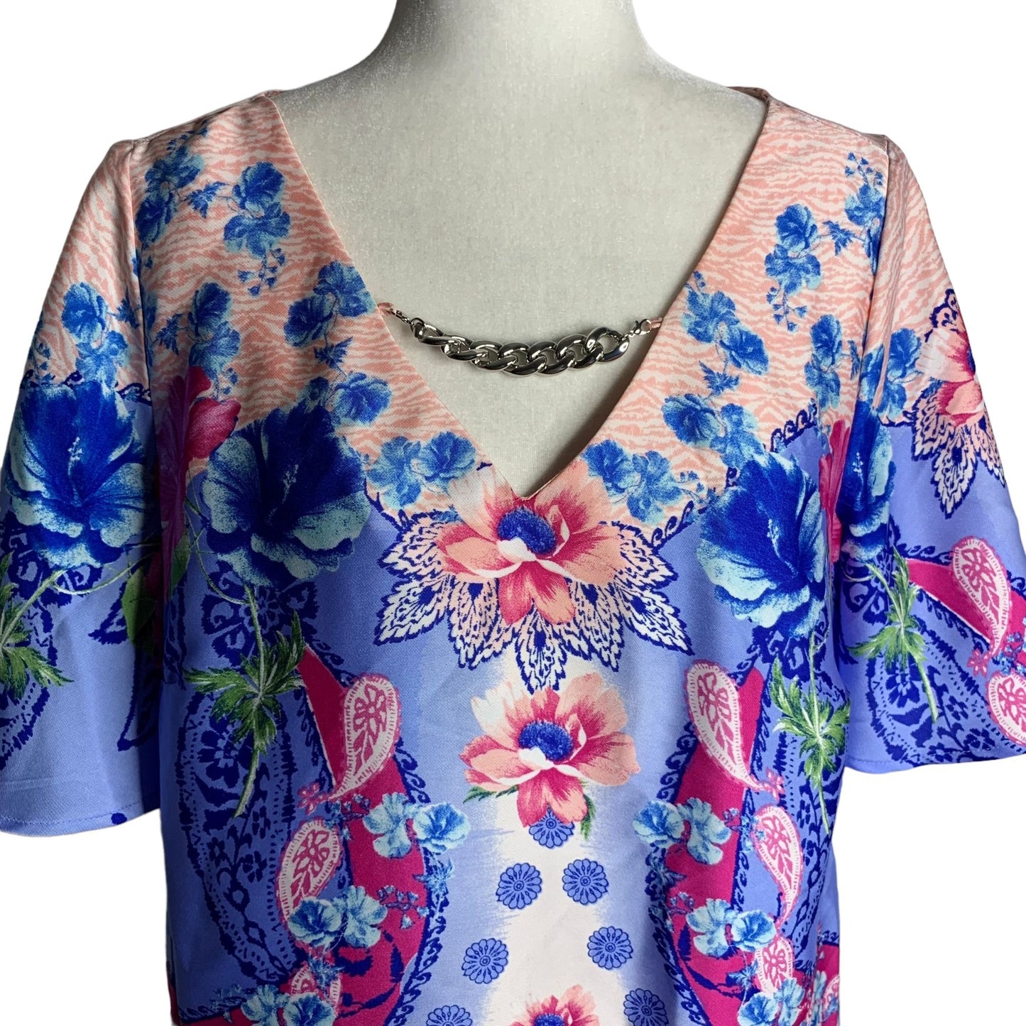 JM Collection Floral Swing Dress M Pink Blue Short Sleeve V Neck Knee Length
