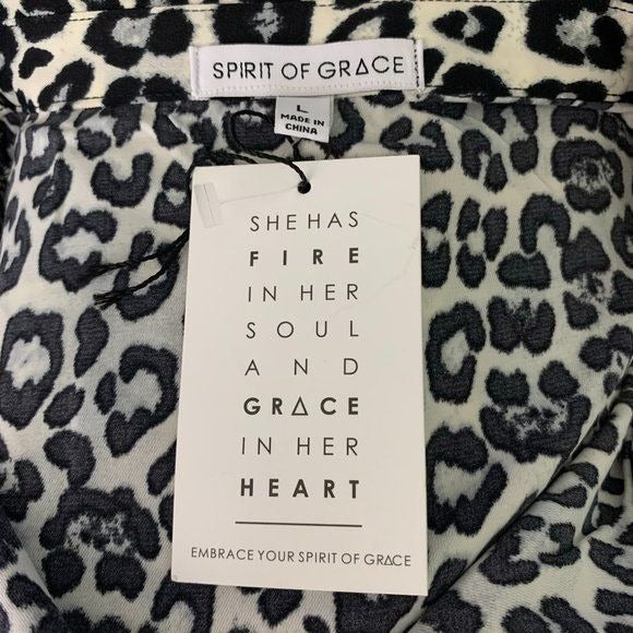 Spirit of Grace Cheetah Print Shirt Dress M White Black Buttons Long Sleeve NEW