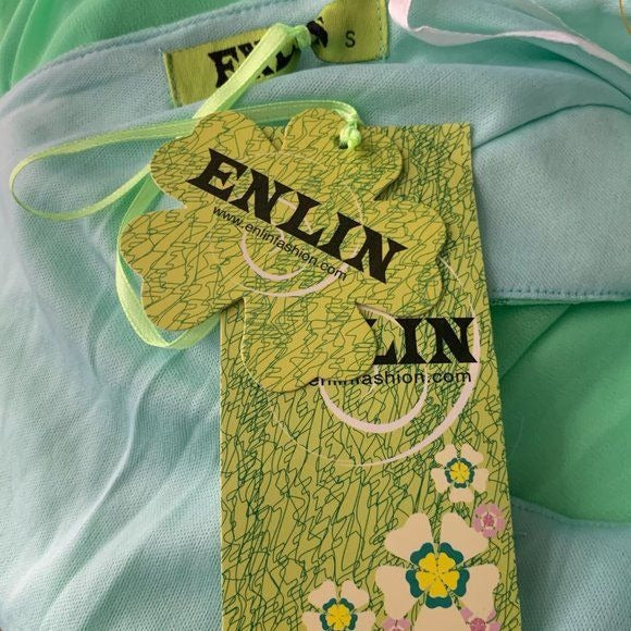 Enlin Deep V Lace Chiffon Mini Dress S Green Cap Sleeve Lined Zip NEW