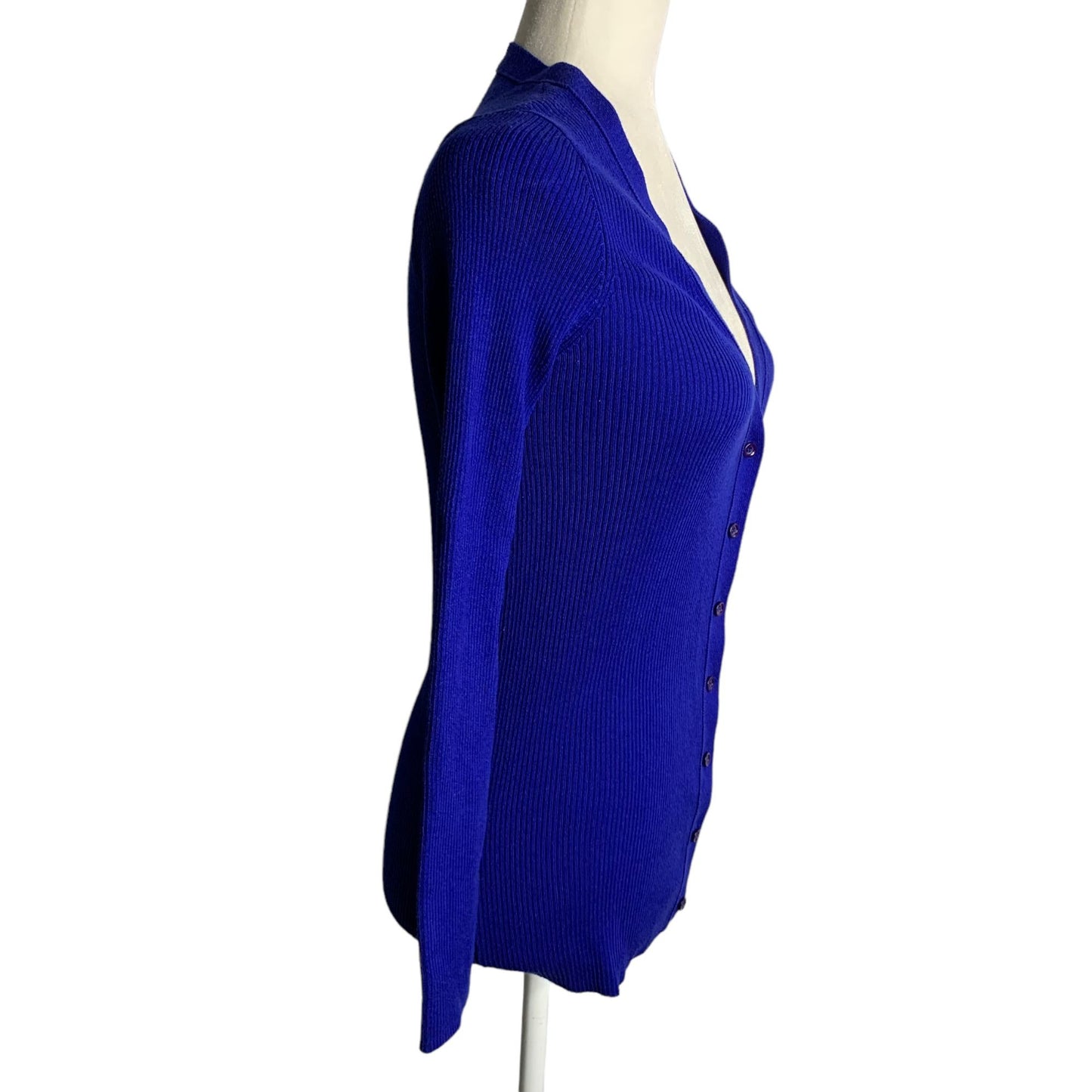 DITA Button Front Cardigan Sweater S Blue Ribbed Knit Long Sleeves V Neck
