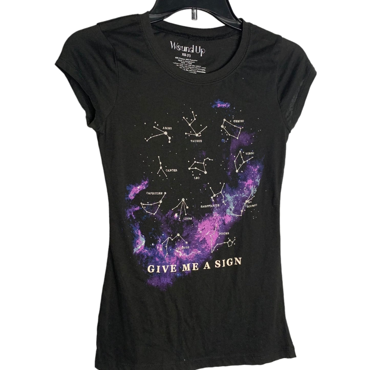 Wound Up Astrological Signs T Shirt XS Black Crewneck Short Sleeves Galaxy