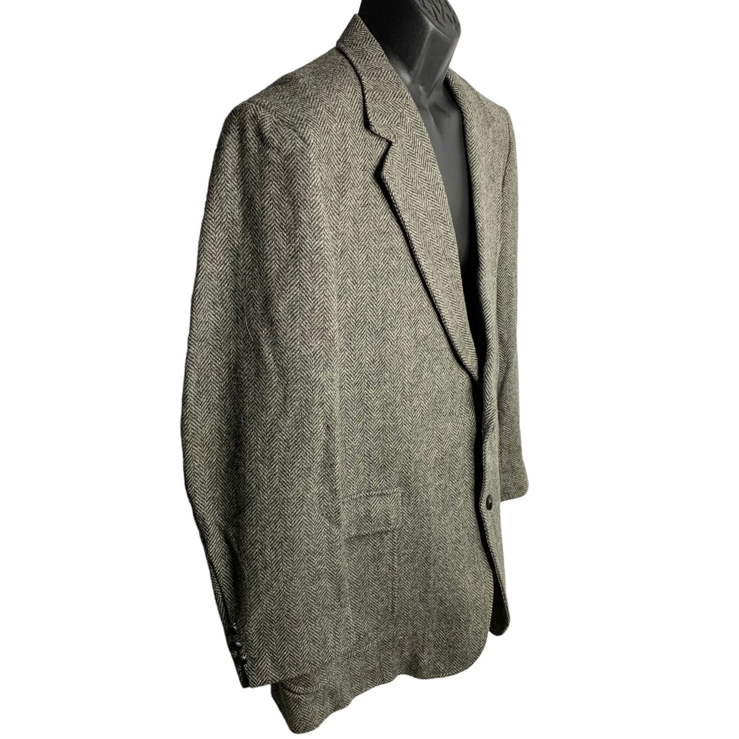 Vintage 70s Wool Tweed Blazer Sport Coat 46L Grey Herringbone Two Button Pockets