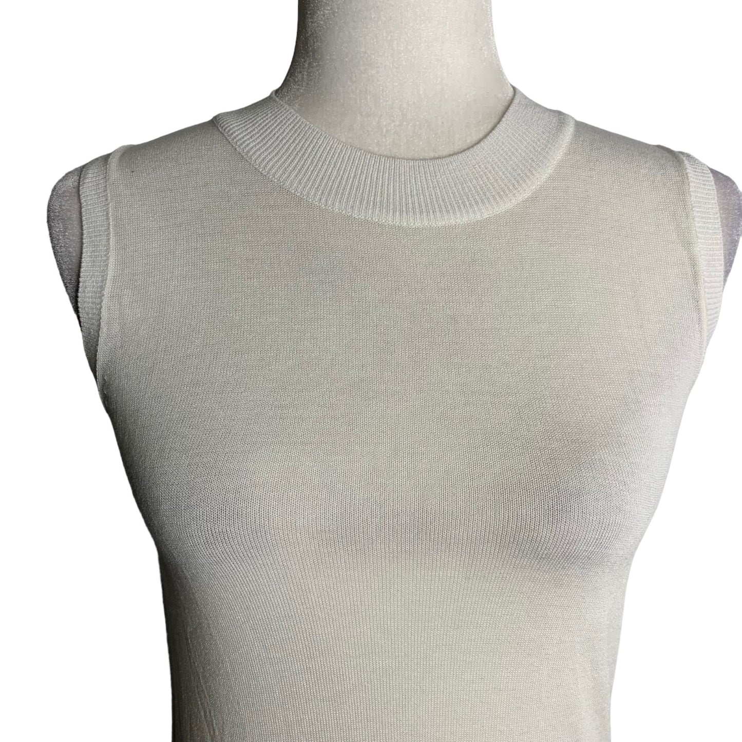 Lightweight Sleeveless Knit Top S White Ribbed Trim Slightly Sheer