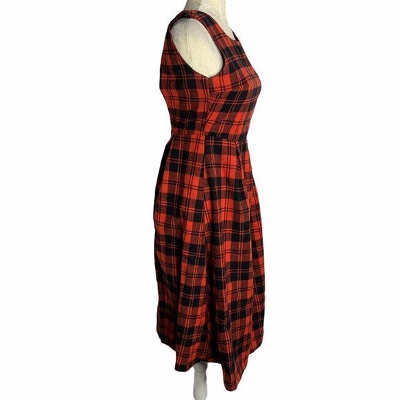 Nana For You Pinafore Wool Midi Dress S Red Plaid Open Back Zip Sleeveless