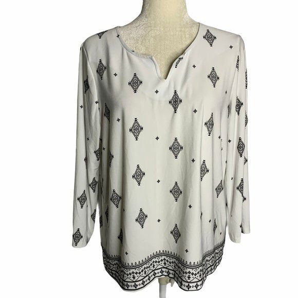 Chicos Easywear Split V Tunic Top L White Geometric 3/4 Sleeve Stretch Pullover