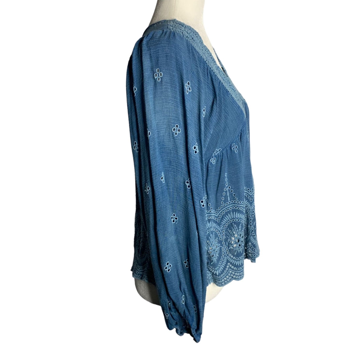 Rachel Zoe Embroidered Peasant Top S Blue Balloon Sleeve V Neck Eyelet Rayon