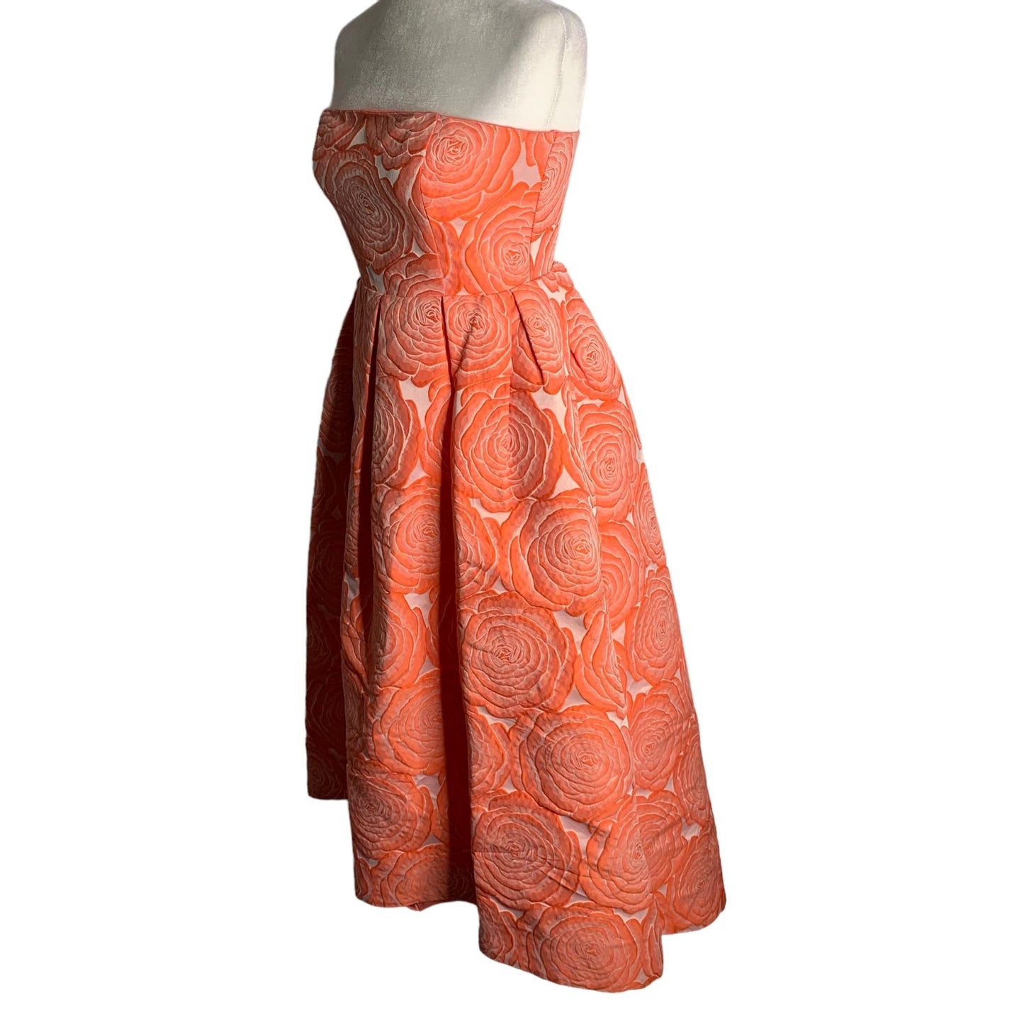 Rubber Ducky Floral Rose Ball Gown M Coral Orange Strapless High Low Zipper