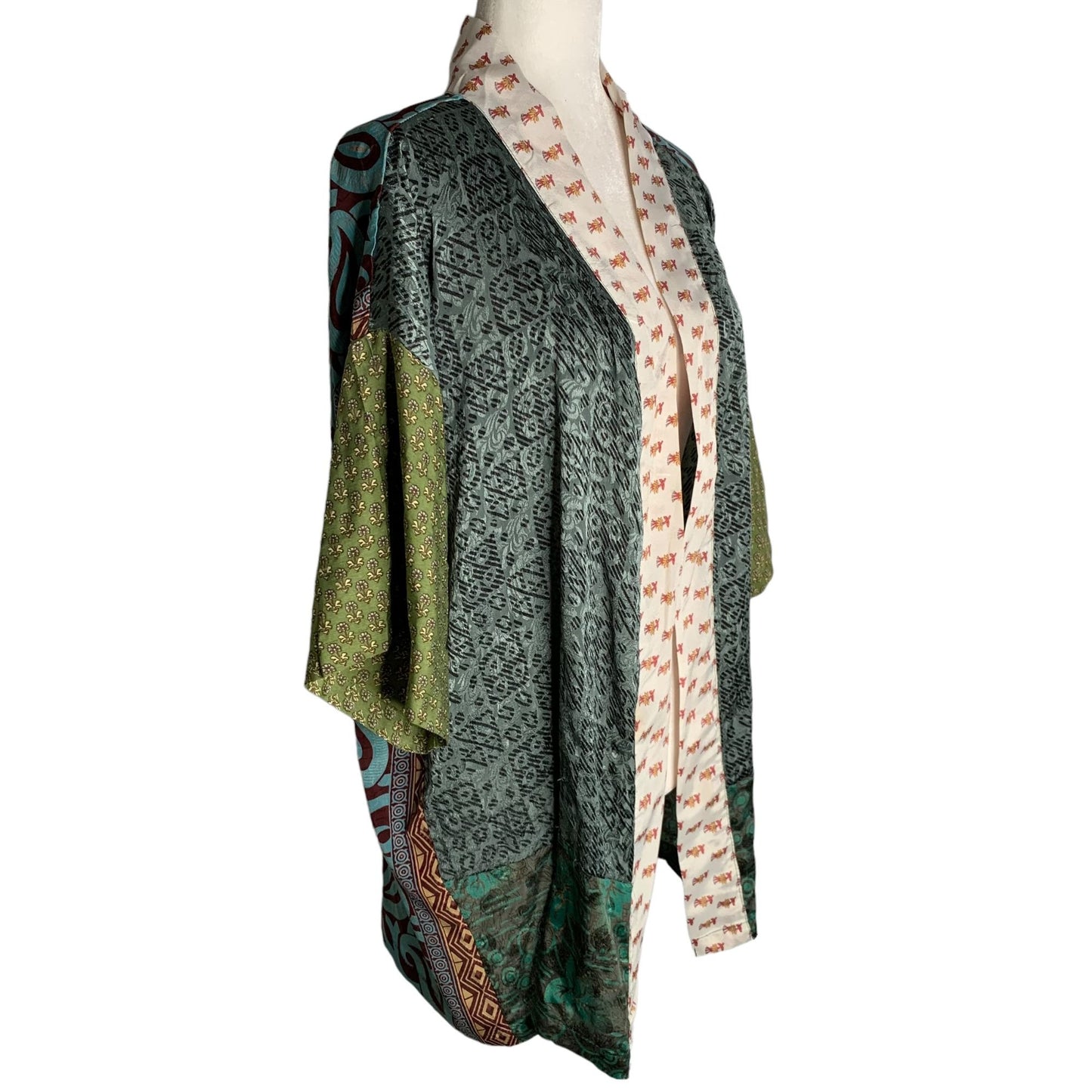 Silk Open Front Short Kimono One Size Multicolored Floral Patchwork Cardigan