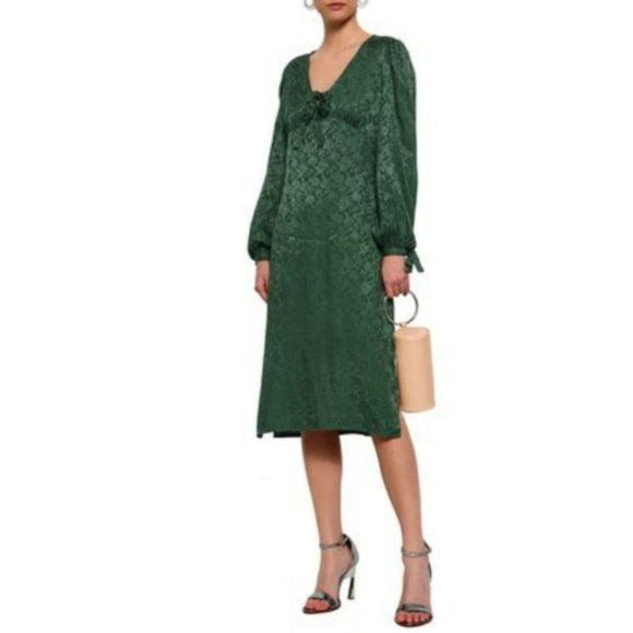 Walter Baker Retro Jacquard Aura Dress 6 Green Floral Long Sleeve V Neck Bow NEW