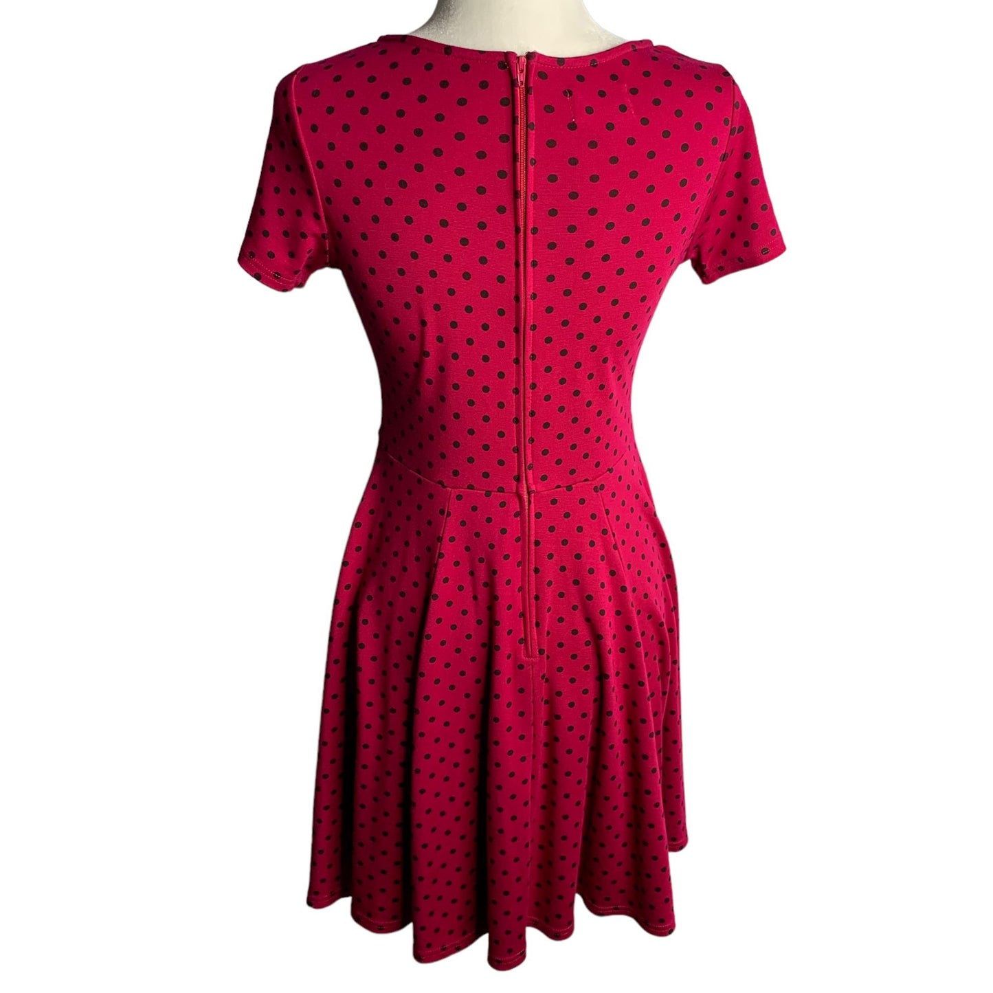 Unique Vintage Retro Swing Dress M Fuchsia Polka Dot Pleated Zip Stretch Knit