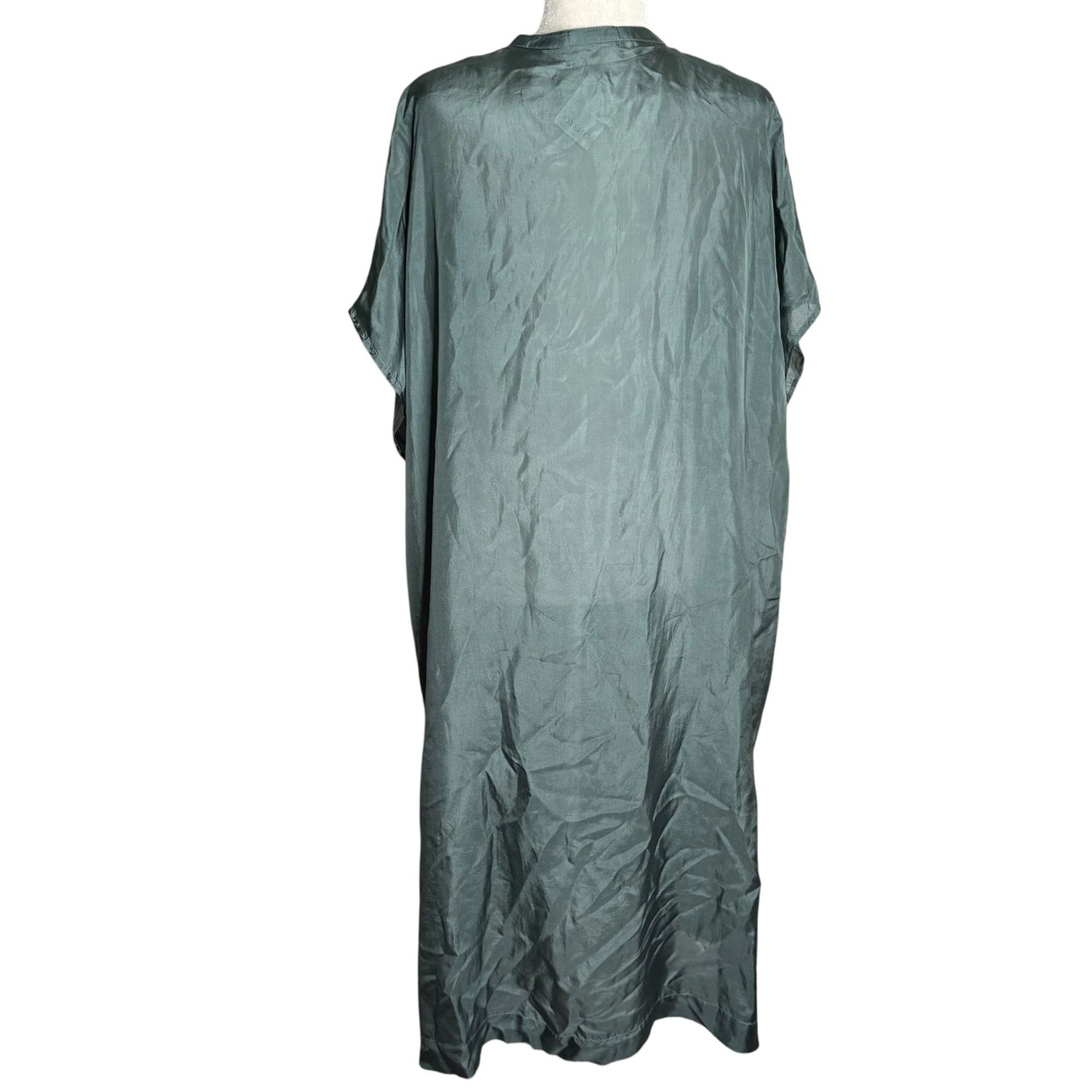 Oysho Silk Embroidered Kaftan Dress Size S Green V Neck Light Slightly Sheer NEW