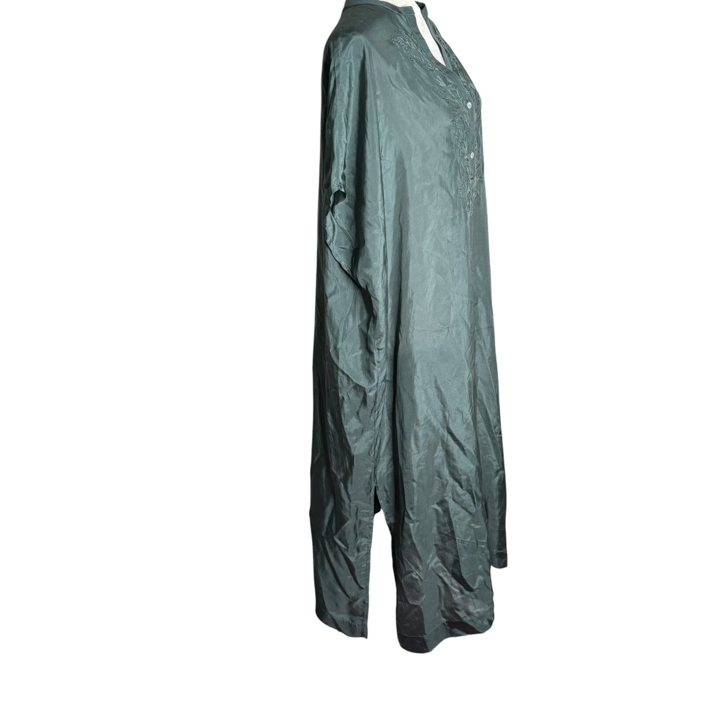 Oysho Silk Embroidered Kaftan Dress Size S Green V Neck Light Slightly Sheer NEW