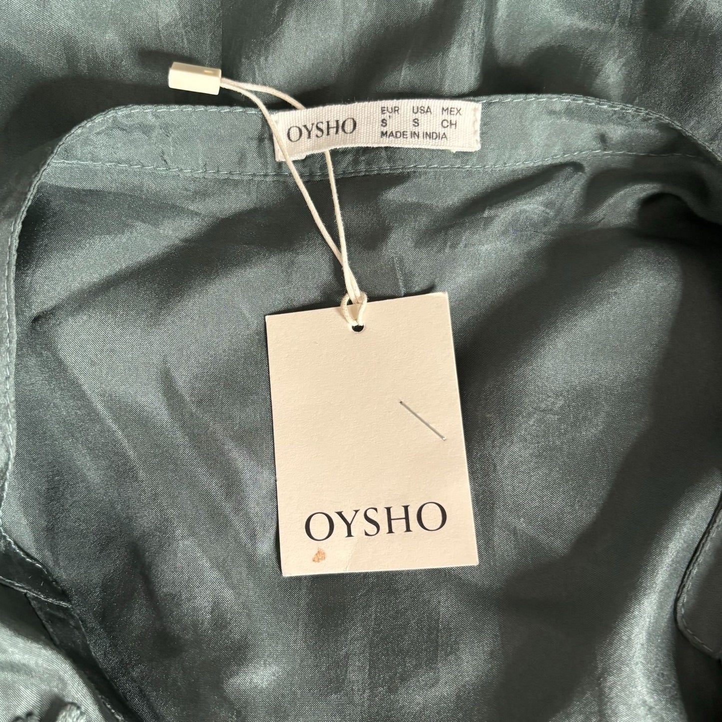 Oysho Silk Embroidered Kaftan Dress Size S Green V Neck Light Slightly Sheer NEW