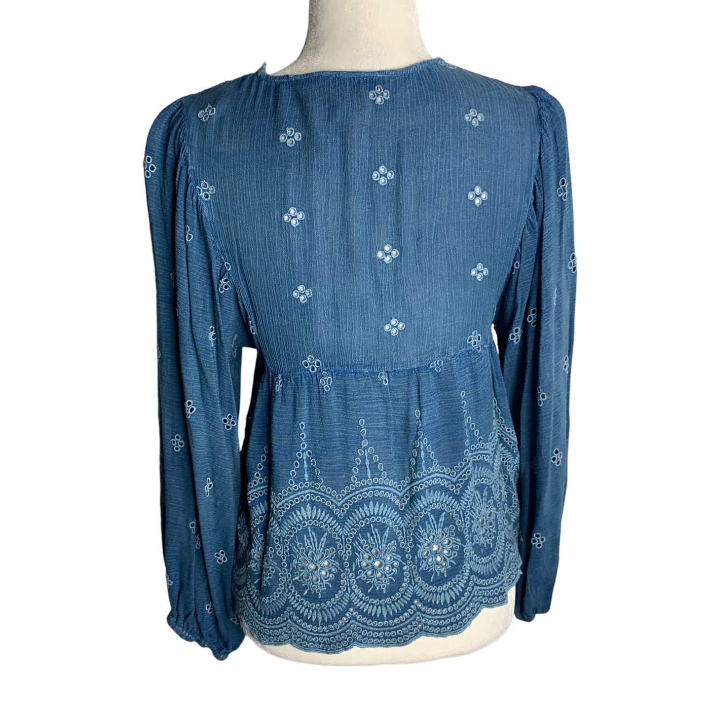 Rachel Zoe Embroidered Peasant Top S Blue Balloon Sleeve V Neck Eyelet Rayon
