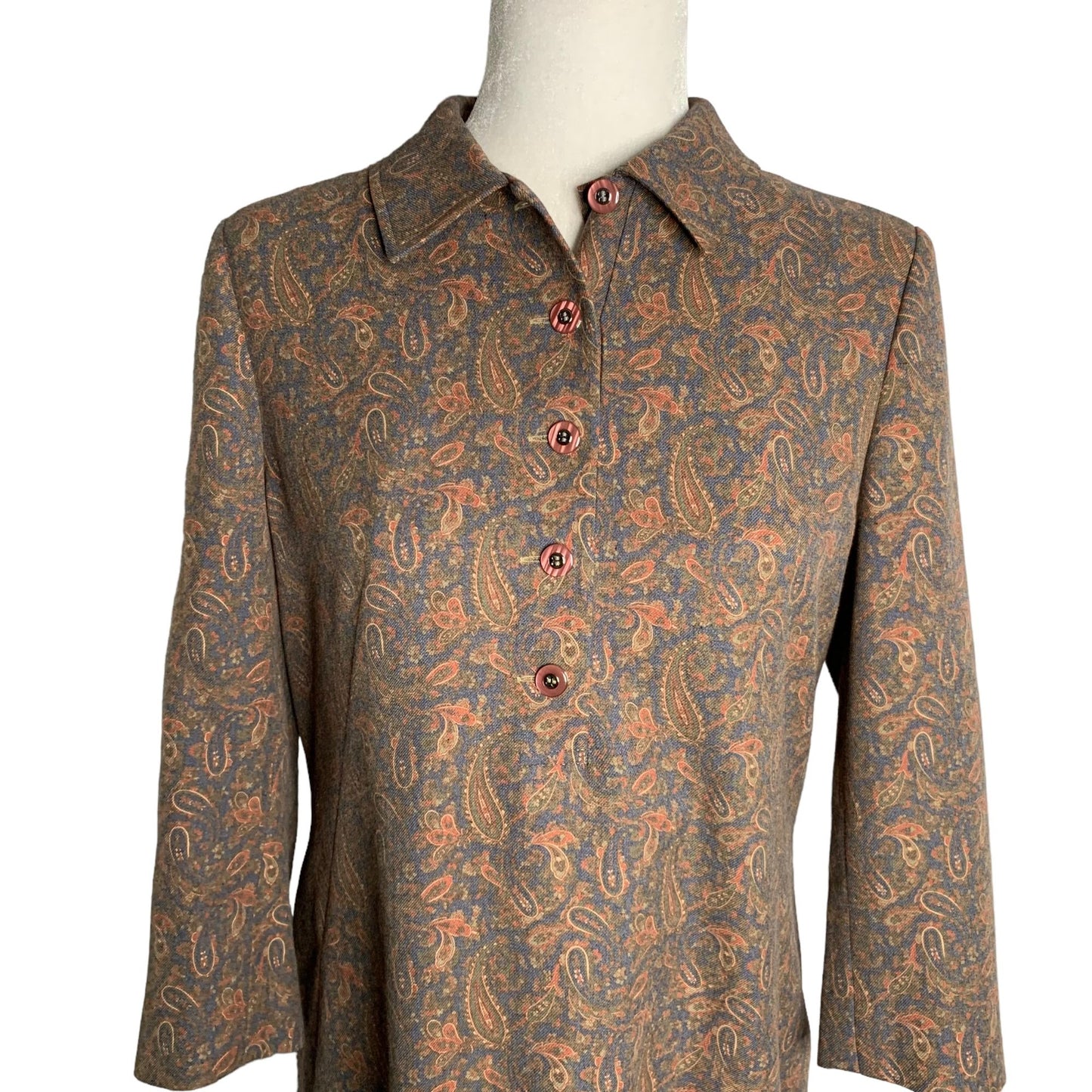 LA Sposaii Korean Retro Shift Dress M Blue Paisley Long Sleeve Button Collar Zip