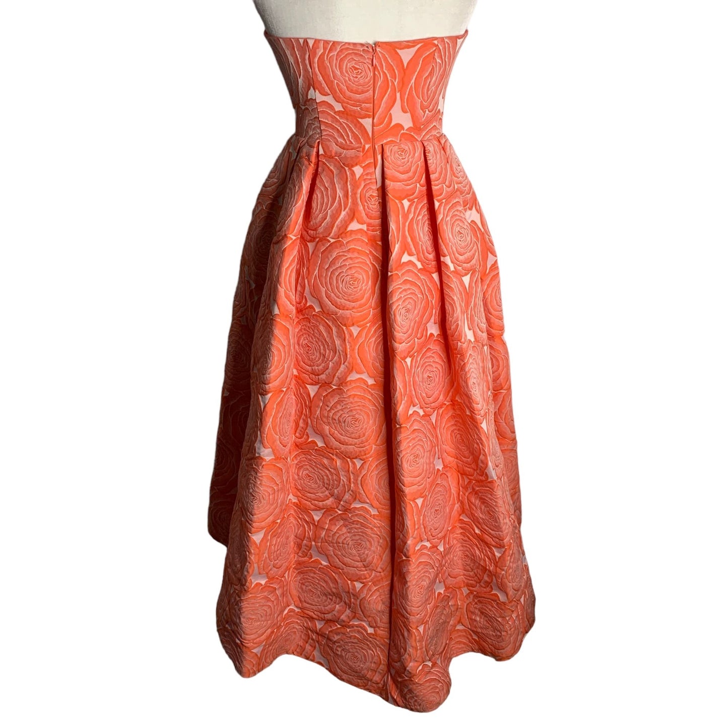 Rubber Ducky Floral Rose Ball Gown M Coral Orange Strapless High Low Zipper