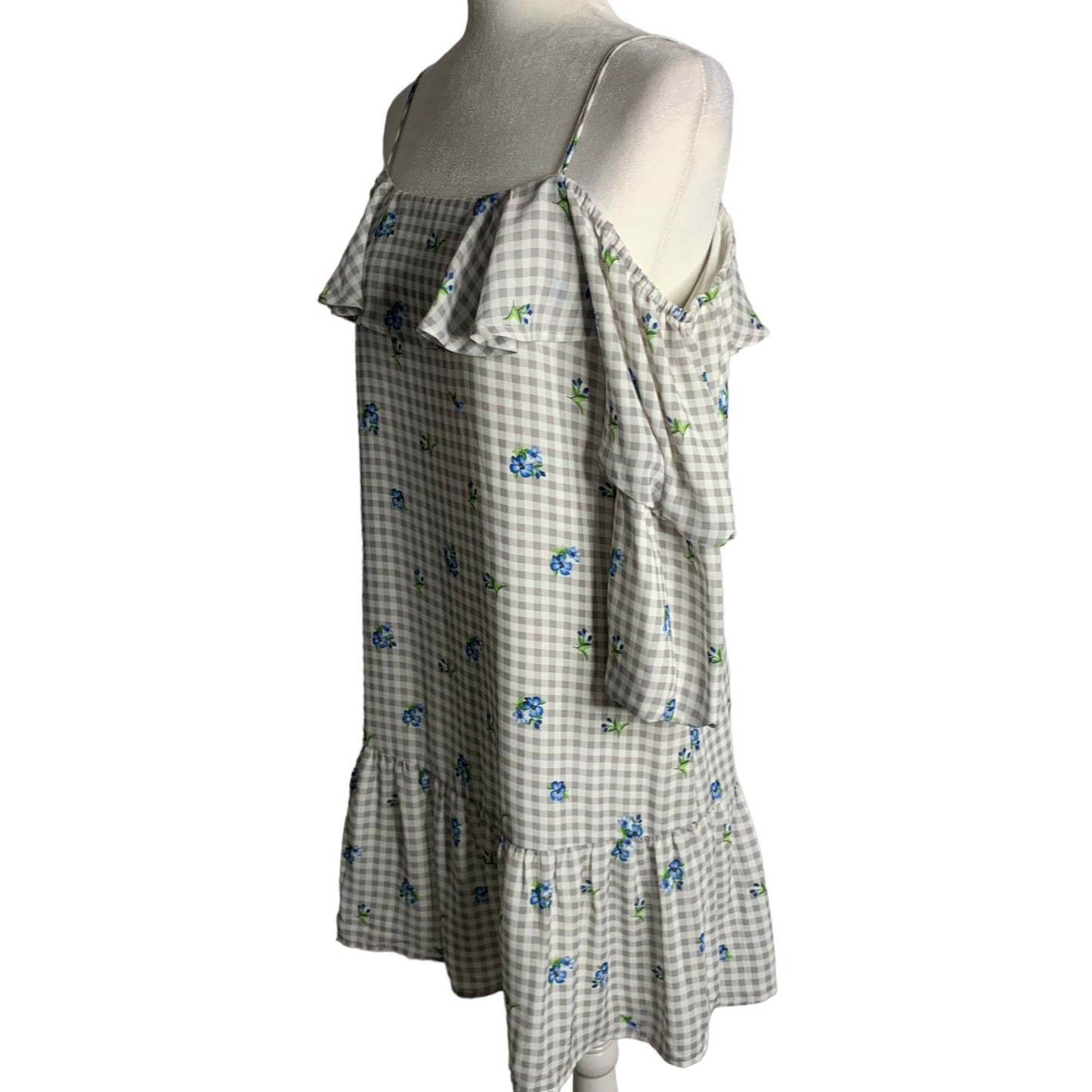 Skies are Blue Off the Shoulder Dress S White Check Floral Adjustable Straps