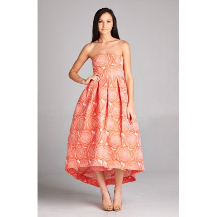 Rubber Ducky Floral Rose Ball Gown M Coral Orange Strapless High Low Zipper