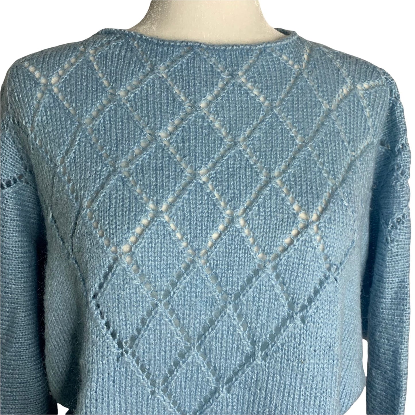 Vintage 80s Open Knit Pullover Sweater S Blue Dolman Sleeve Wool Blend