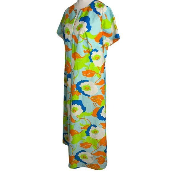 Vintage 60s Psychedelic Maxi Dress L Blue Green Floral Split V Neck Metal Zip