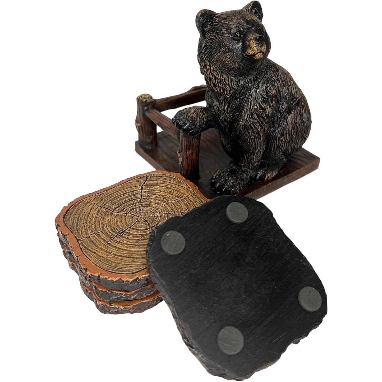 Grizzly Bear 4 Drink Coaster Set Holder Rustic Cabin Kodiak Brown Figure Decor