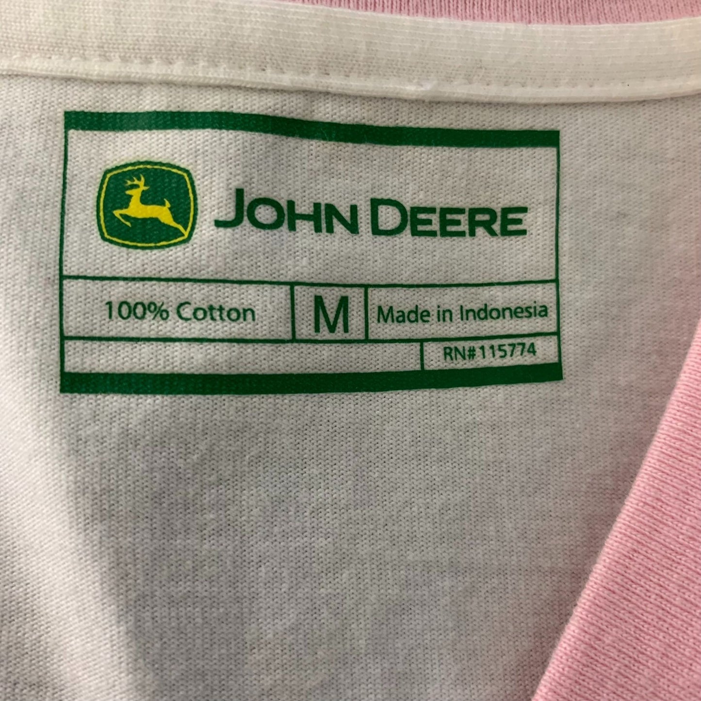 John Deere Jersey Style T Shirt M White Pink Short Sleeve V Neck Tractors